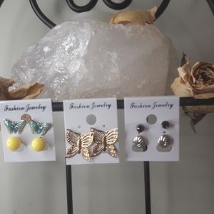 5 pairs post earrings - butterfly stud filigree